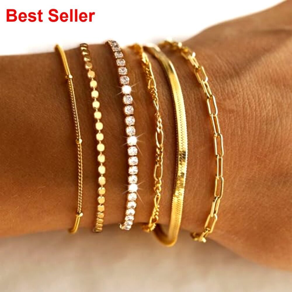 Gold Plated Bracelets Set, 6-Piece Stackable, Adjustable Length - Picture 2 of 7